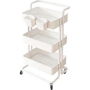 SUBZONAL-Desserte &agrave; roulettes &agrave; 3 Niveaux, Desserte &agrave; roulettes Cuisine, Chariot de Rangement &agrave; roulettes, avec 2 Bo&icirc;tes, Structure en Acier et Panier en Plastique, pour Cuisine, 39x36x80cm, Blanc - Neuf