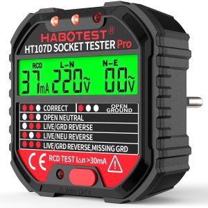 Testeur de Prise, Testeur de Circuit Electrique Courant Automatique D&eacute;tecteur de Tension de Polarit&eacute; 90-250V, D&eacute;tectez 6 Conditions de C&acirc;blage/Test RCD/Affichage de Tension, CAT.II 300V - Neuf