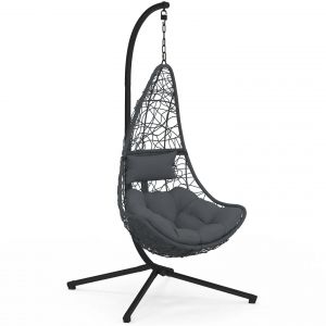 Fauteuil Demi-Lune Suspendu Ajour&eacute; Effet Rotin Gris Avec Coussin Gris - Neuf