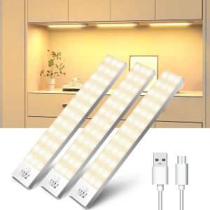 Lampe De Placard Lot De 3, 1000mah 3000k Lampe Placard Avec Détecteur De Mouvement Rechargeable Usb Sans Fil Led Lamp Aimant Intégré Veilleuse Pour Placard, Armoire, Escalier, Couloir, Cuisines - Neuf