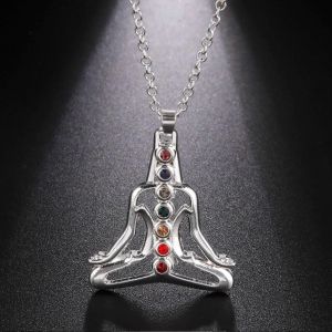 Likgreat Couleur Argent Strass Chakra Pendentif Collier Méditation Bouddha Yoga Collier Guérison Protection Amulette Bijoux - Neuf