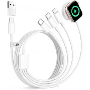 4 En 2 Cable Multi Pour Chargeur Apple Watch Et Phone,1.2m Cable Lightning Chargeur Avec C&acirc;ble Usb C/C&acirc;ble Lightning Iphone/Apple Watch/Micro Usb Pour Iwatch Se 9/8/7/6/5/4/3,Iphone 16/15/14/13/12 - Neuf