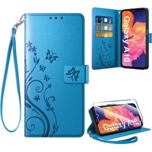 TRAHOO-Coque pour Samsung Galaxy A10 + 1 Verre Tremp&eacute;, Retro Design Housse Premium en Cuir PU Pochette de Portefeuille pour Porte Cartes Fonction Stand Flip Etui pour Samsung A10, Bleu - Neuf