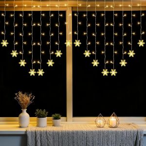 JGD-Rideau Lumineux Flocon de Neige 2 x 1 m, &eacute;clairage de No&euml;l 104 LED Rideau Lumineux Int&eacute;rieur Fen&ecirc;tre, Guirlandes Lumineuses USB pour No&euml;l D&eacute;coration Murale Chambre, Blanc Chaud - Neuf