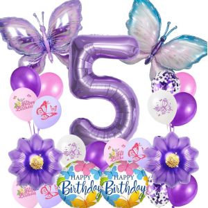 SJZG-Ballon Papillon 5 &Egrave;me Anniversaire Fille,Anniversaire Fille 5 Ans,Ballons Anniversaire Filles,Ballon Transparent Violet Papillon,D&eacute;coration De F&ecirc;te D'Anniversaire Pour Enfants - Neuf