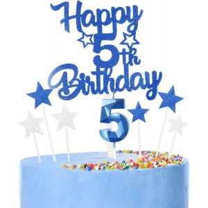 ERSHI-Décoration Bleu Gâteau 5 Ans Anniversaire,9 Pièces Cake Topper 5 Ans,Bougies, Étoiles & C?urs pour Cupcakes Décoration de Gâ[6008] - Neuf