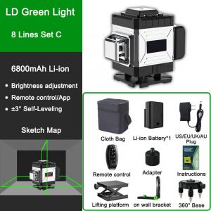 Niveau Laser 16/12/8 lignes 3D/4D,faisceau lumineux vert,télécommande 3 ° Niveau laser à lignes transversales verticales horizontales 360 à nivellement automatique -8 Lines Set C - Neuf