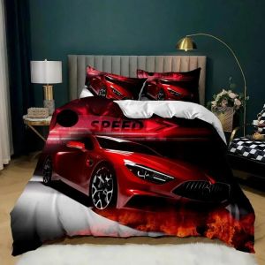 Parure De Lit Double Avec Housse De Couette Et Motif De Voiture De Course, Motif Flamme Rouge Ardente, Motif Voiture De Sport 3d, King Size, 2/3 Pieces, Housse De Couette En Polyester - Neuf