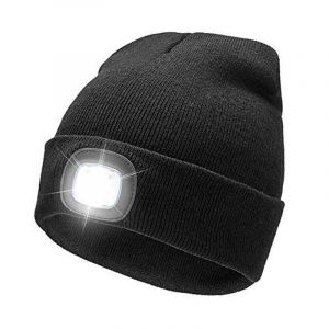 Bonnet LED avec lumière - Noir, rechargeable par USB, mains libres, 4 LED, lampe frontale, bonnet d'hiver tricoté, lampe torche, cadeau pour homme et femme - Neuf