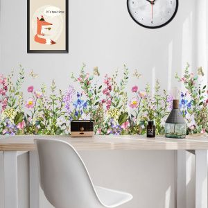 Stickers Muraux Fleur - Autocollant Mural Floral Herbe Papillons D&eacute;coration Murale Chambre Enfants Salon Salle &agrave; Manger - Neuf