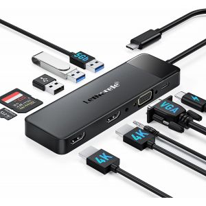 Docking Station D'Accueil Usb C, Adaptateur Hub Usb C 10 En 1 Vers Double Hdmi 4K, Vga, Usb 3.0, 2 Usb 2.0, 100W Pd, Sd/Tf, Aux 3,5 Mm Pour Macbook Pro/Hp/Dell/Lenovo/Acer Et Plus[Z667] - Neuf