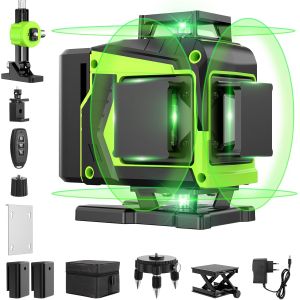 JEXNOVASHOP-Niveau Laser Chantier Autonivelant 360&deg; x 4, Lazer Niveaux 4D 16 Lignes Laser, Autonivellement et Mode Puls&eacute; Ext&eacute;rieur, 2 x Batterie, Nivellement Automatique, Support Rotatif, T&eacute;l&eacute;command - Neuf