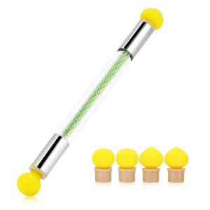 Pinceau Double Embout Pour Nail Art Gel Uv Degrade + 4 Tetes Supplementaires En Silicone Jaune - Neuf