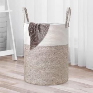 CHECARZHN--NO1-Panier À Linge Tressé En Corde De Coton, 60L Corbeille À Linge Avec Poignées, Panier De Rangement Pliables Pour Jouets Chambre D'Enfant Salle De Bain Salon, Marron Et Beige, 38 X 50Cm (Ø X H - Neuf