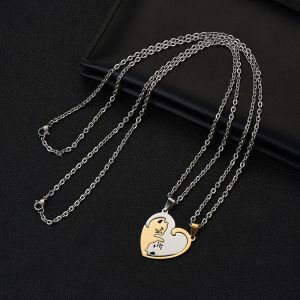 Collier Pendentif En Acier Inoxydable Avec 2 Chaînes, Motif C?ur, Chat, Amovible Et Séparable - Neuf