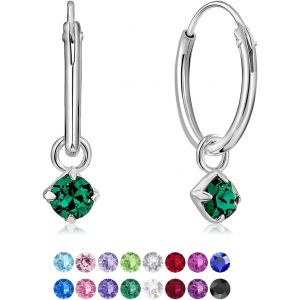 Kal-® Boucles D'oreilles Petites Créoles En Argent Fin 925 Avec Petit Pendentif 3 Mm Cristaux De Swarovski® Elements Ronds - Épaisseur 1.2 Mm - Diamètre: 12 Mm - Neuf