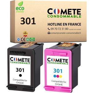 Comete,Marque Française-301-2 Cartouches D'Encre Compatibles Avec Hp 301-Pour Hp Deskjet 2540 1050 2050 Envy 4500 4502 5530 Officejet 2620 4630 4632 (Noir Et Couleur) - Neuf