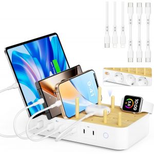 Station De Charge Usb C Bamboo Pour Plusieurs Appareils, 60W, 6 Ports, 3 Prises Secteur, 3 Usb C, 3 Usb A, Cordon D'Alimentation De 2 M Pour Lphone, Lpad Et Tablettes(6 C&acirc;bles Inclus),Blanc - Neuf