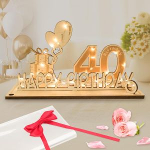Carte Anniversaire 40 Ans, Décoration d`anniversaire Cadeau Homme Femme avec Chaîne Lumineuse LED & N?ud Papillon & Papier Cadeau, Panneau en Bois Cadeau Argent Décoration de Table Livre d'or - Neuf