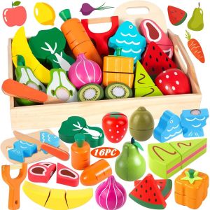 MDY-Jeu de Fruits Et Légumes en Bois - 16 Pièces Cuisine Enfant - Jouet Éducatif 1-3 Ans - Cadeau pour Garçon Fille - Neuf