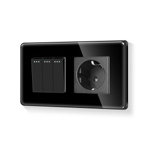 Schuko Interrupteur rond 3 compartiments 1 voie encastr&eacute; Panneau en verre Interrupteur marche/arr&ecirc;t avec prise simple Noir 110-250 V 157 mm - Neuf