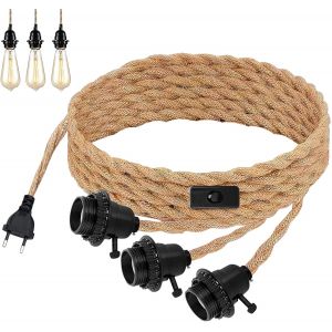SUBZONAL-Suspension en Corde de Chanvre: Suspension &agrave; Douille E27 avec Prise, Suspension Vintage 3 Lumi&egrave;res avec C&acirc;ble de 6.8m et Interrupteur, Suspension Industrielle en Corde de Chanvre - Neuf