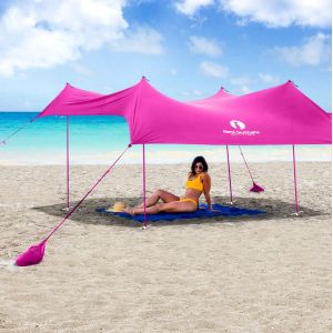 Checarzhn--No1-Parasol De Plage Familial - Protection Uv Spf50 - Tente Avec 4 Poteaux En Aluminium, 4 Ancrages De Poteaux, 4 Ancrages De Sac De Sable - Grande Bâche D'abri Portable - Neuf