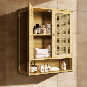 SUBZONAL-Meuble Salle de Bain en Bambou: Armoire WC Mural Rangement de Toilette Suspendu Placard Mural avec &Eacute;tag&egrave;re Hauteur R&eacute;glable - 59x20.5x66.5cm - Neuf