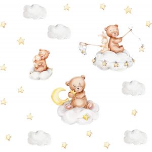 ERYI-Stickers Muraux Ours Autocollants Muraux Ours Lapin Nuages Étoiles Lune Autocollant Mural Ours Lapin Sur Le Nuage Stickers Mural Ourson Lapin Décoration Murale Chambre Enfants Bébé Pépinière - Neuf