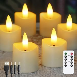 Bougies Led Rechargeables Sans Flamme &Agrave; Distance 4cm X4cm, Minuterie Plastique Vacillante Ivoire Lot De 6 Petites Mini-Bougies Avec C&acirc;ble De Recharge - Neuf