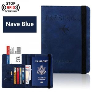 HUED-Porte-passeport, couverture portefeuille, essentiels de voyage, blocage RFID, &eacute;tui pour cartes en cuir, accessoires de voyage internationaux pour femmes/hommes-Nave Blue - Neuf