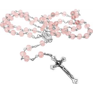 Store Cristal Rose Clair Chapelet Collier Catholique M&eacute;daille Du Sol Sacr&eacute; & Crucifix Sac De Velours Marque - Neuf