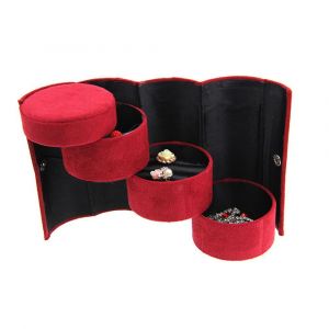 Rouge Velours Trois Couches Cylindriques Bijoux Bo&icirc;te, Portable D&eacute;roule Pliable Affichage Bo&icirc;te &Agrave; Bijoux, Collier Boucles D'oreilles Bague &Eacute;tui De Rangement Cadeau D'anniversaire - Neuf