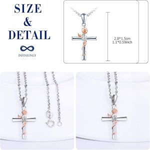 Collier Et Boucles D'oreilles Pour Femmes Et Filles, Bijoux Parures En Argent 925, Fleur En Or Rose Entrelac&eacute;e De La Croix En Argent, Proc&eacute;d&eacute; Unique De Galvanoplastie Couleur, Orn&eacute; Zircon - Neuf