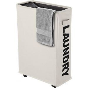 MDY-Panier à Linge Pliable avec ¿ Roues, Corbeilles à Linge Mince et Pliant Bac à Linge Collecteur de Buanderie Petite Poignée pour Transporter et Ranger vêtements 35L ou Jouet, Beige - Neuf