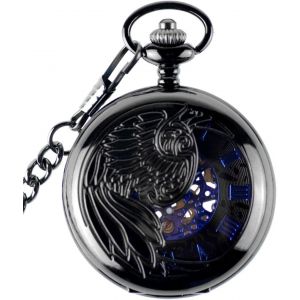 Nbgcm-Montre De Poche Mécanique Pour Homme Et Garçon, Aigle/Ange/Phénix Bleu Chiffre Romains Cadran Mécanique Montre De Poche Squelette En Acier Pendentif Collier, Noir - Neuf