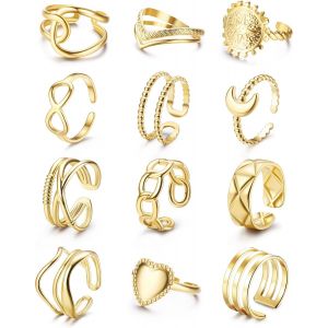 Kahfl-12pcs Bague Femme Acier Inoxydable Bagues Boho Bague Minimaliste Coeur Infini Bague Empilables Ouvert Punk Bague Reglable Or Argent Bague Femme - Neuf