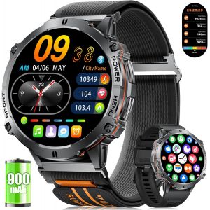 Montre Connect&eacute;e Homme avec 900mAh, 1,73'' AMOLED Grand &Eacute;cran Montre Connect&eacute;e Militaire avec Kompass Barom&egrave;tre, 110+ Modes de Sport, IP68 &Eacute;tanche, Fr&eacute;quence Cardiaque/SpO2 for Android iOS, Noir - Neuf