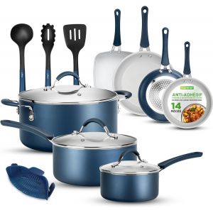 Jexnovashop-Nutrichef Batterie De Cuisine Antiadh&eacute;sive, Poele Et Casserole Induction, Comprenant Casseroles, Po&ecirc;les, Cocotte, Couvercles Et Ustensiles De Cuisine, Bleu,14 Pi&egrave;ces - Neuf