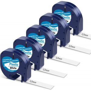 5 X 91201 Ruban pour &Eacute;tiqueteuse Compatible pour Dymo Letratag S0721610 Noir sur Blanc 12mm x 4m Recharge DYMO Etiqueteuse LetraTag LT-100H LT-100T LT-110T QX50 XR XM 2000 - Neuf