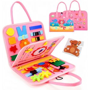 KAJGL-Busy Board Montessori Jouet Pour Enfants,28Cmx21Cm Tableau D'Activités Sensoriel Éducatif Développer Motricité Fine Jouet Pour Garçons Filles Cadeau Avion Voiture Voyage (Rose) - Neuf