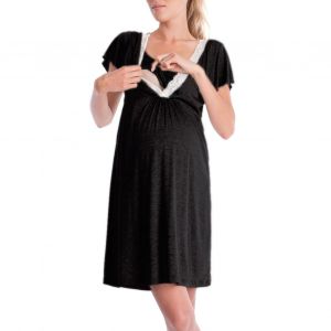 Robe De Maternite Et D'allaitement Pour Femme, Tenue D'ete Tendance En Dentelle, Patchwork, Manches Courtes, Noire, Taille L - Neuf