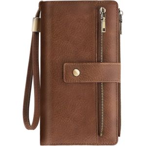 CAUC-Portefeuille Femme Grand Format, Porte Feuille Femme Cuir PU Vintage Porte Monnaie RFID Portefeuilles Et Porte-Cartes avec Fermeture &Eacute;clair Et Multi Cartes, Marron - Neuf