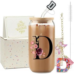 Trahoo-Zioisnm A-Z Lettre Verre Avec Paille 500 Ml Verre Matcha Avec Couvercle Cadeau Femme Id&eacute;al Cadeau Femme Anniversaire No&euml;l Ou Saint-Valentin Pour &Eacute;pouse M&egrave;re Ou Couple (D) - Neuf