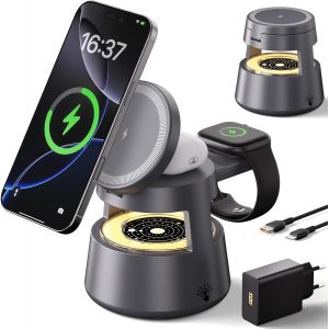 Chargeur Induction 4 En 1 Portable Avec Lampe Pour Iphone 16/15/14/13/12/Pro/Max/Plus, Watch, Earbuds Pro/3/2, 15W Rapide Avec Adaptateur, Angle R&eacute;glable (0&deg;-65&deg;), Module Montre Am[GYC961951] - Neuf