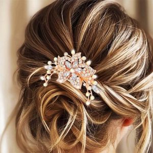 Kal-Peigne À Cheveux De Mariée En Strass Doré Mariée Mariage Fleur Cristal Pièce De Cheveux Accessoires De Cheveux Vintage Pour Femmes (Transparent) - Neuf