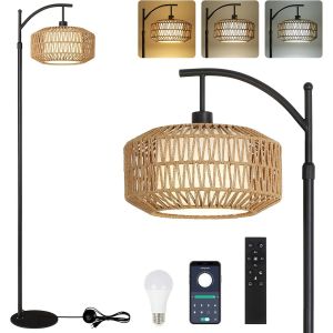 Lampadaire En Rotin Salon, Lampadaire À Intensité Variable Avec Télécommande, Contrôle App, Lampadaire Boho Avec Abat-Jour En Rotin, Noir Lampadaire Pour Chambre, Bureau (Ampoule Incluse) - Neuf