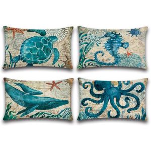 Eryi-Extérieur Housse De Coussin, Lot De 4 Imperméable La Vie Marine Bleue Motif Canapé Taie D'oreiller Pour Patio Jardin Salon Chambre Décoration, 30x50cm - Neuf
