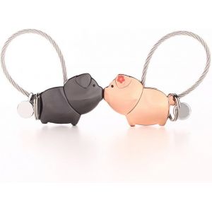 Kal-Porte-Clés Lovers 1 Paire De Pendentifs En Forme De Cochon Avec Bouche Magnétique, Joli Cadeau Pour La Saint-Valentin, Noël, Mariage, Alliage De Zinc (Noir Brillant + Or Rose) - Neuf