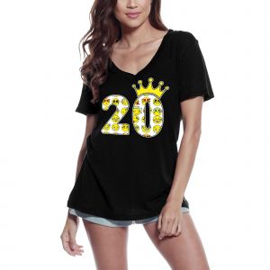 Femme Tee-Shirt Col V Couronne D'or 20 Ans - 20e - Golden Crown 20 Years Old - 20th - 20 Ans T-Shirt Graphique Id&eacute;e Cadeau 20e Anniversaire Vintage Ann&eacute;e 2004 Nouveaut&eacute; - Neuf
